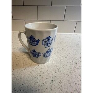 Vintage Mug White with Blue Teapot Print Decorative Coffee Tea